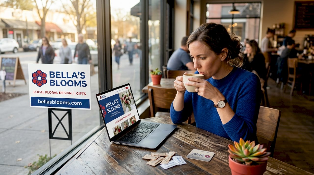 Business owner views matching yard sign and website