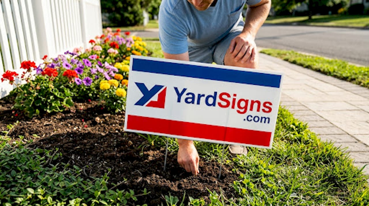 Person placing single-sided yard sign in yard