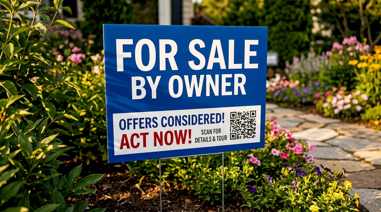 Close-up of FSBO yard sign with QR code in lawn