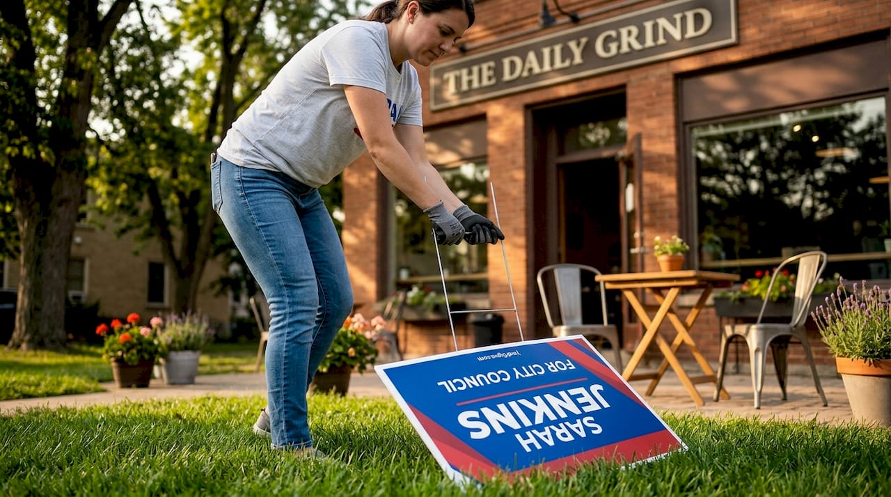 Volunteer planting campaign yard sign near sidewalk