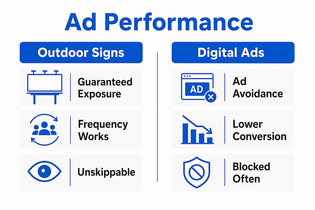 Infographic comparing outdoor signs and digital ads effectiveness