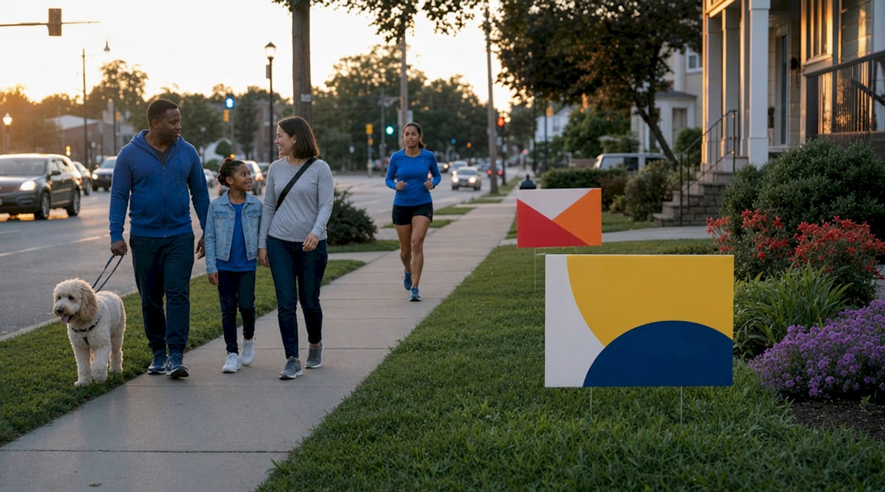Neighborhood street with clustered yard signs