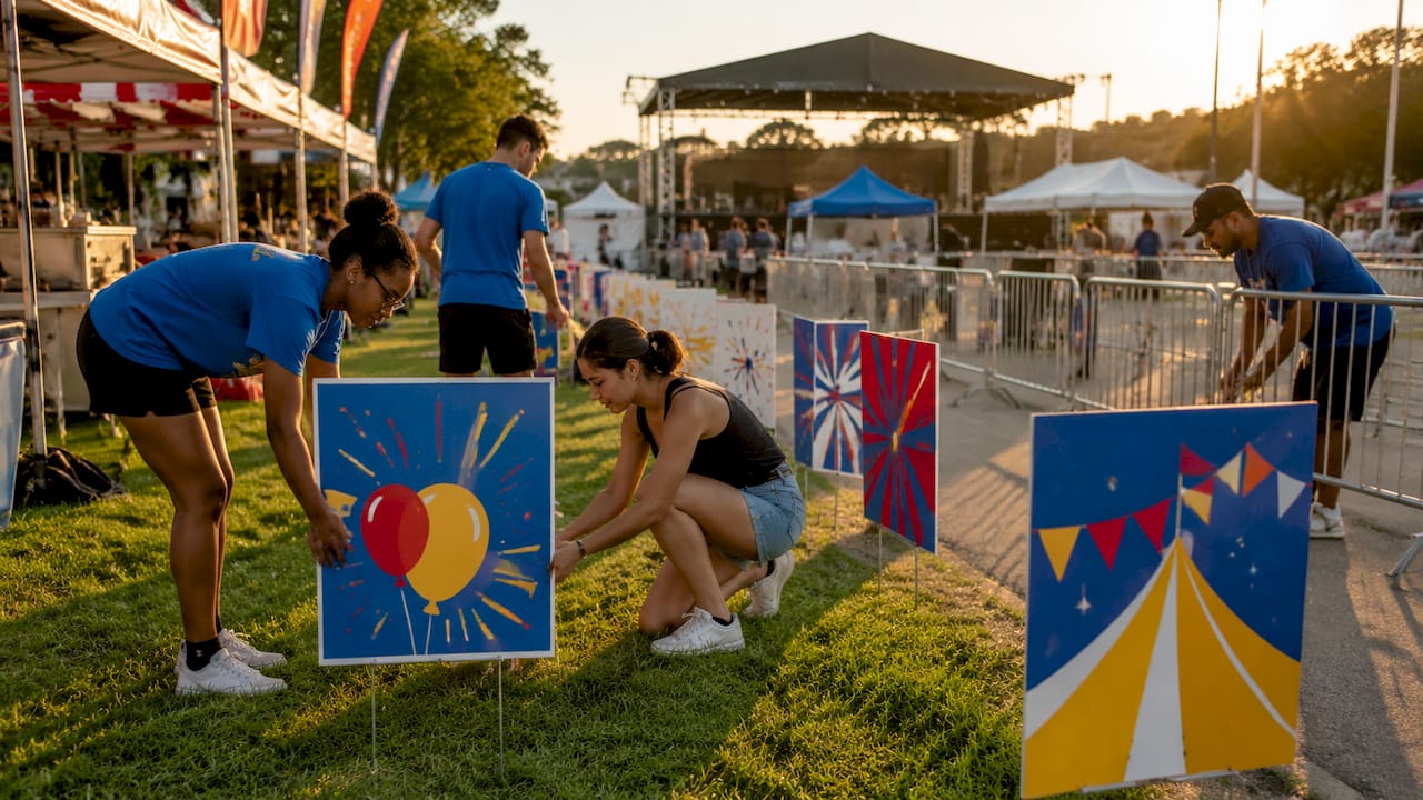 Outdoor festival yard signs installation scene