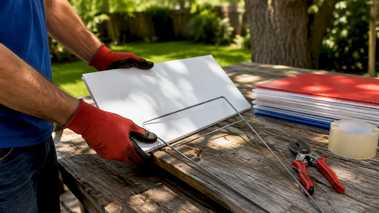 Close-up of hands handling weatherproof yard sign materials