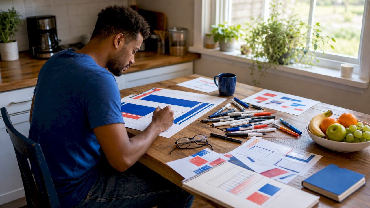 Designer working on yard sign concepts at desk
