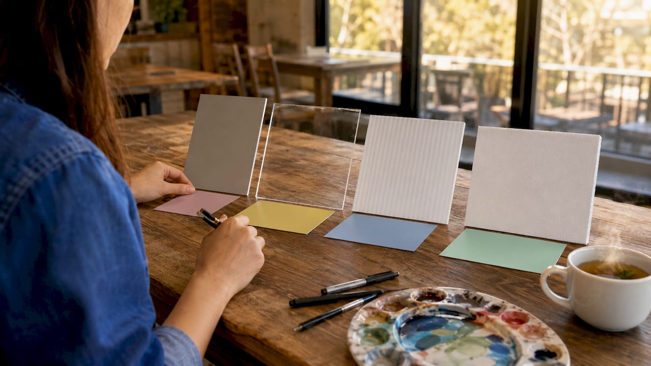 Flat lay of outdoor sign materials with cost and durability info