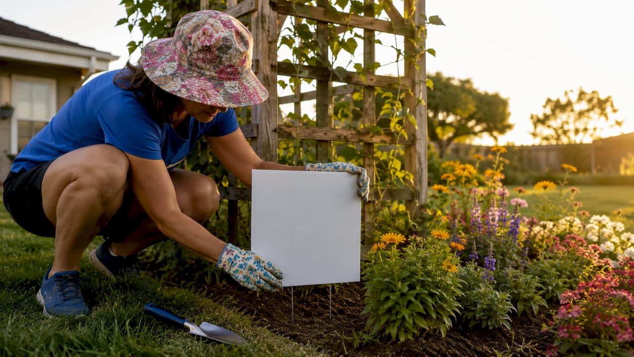 Hands planting corrugated plastic yard sign outdoors