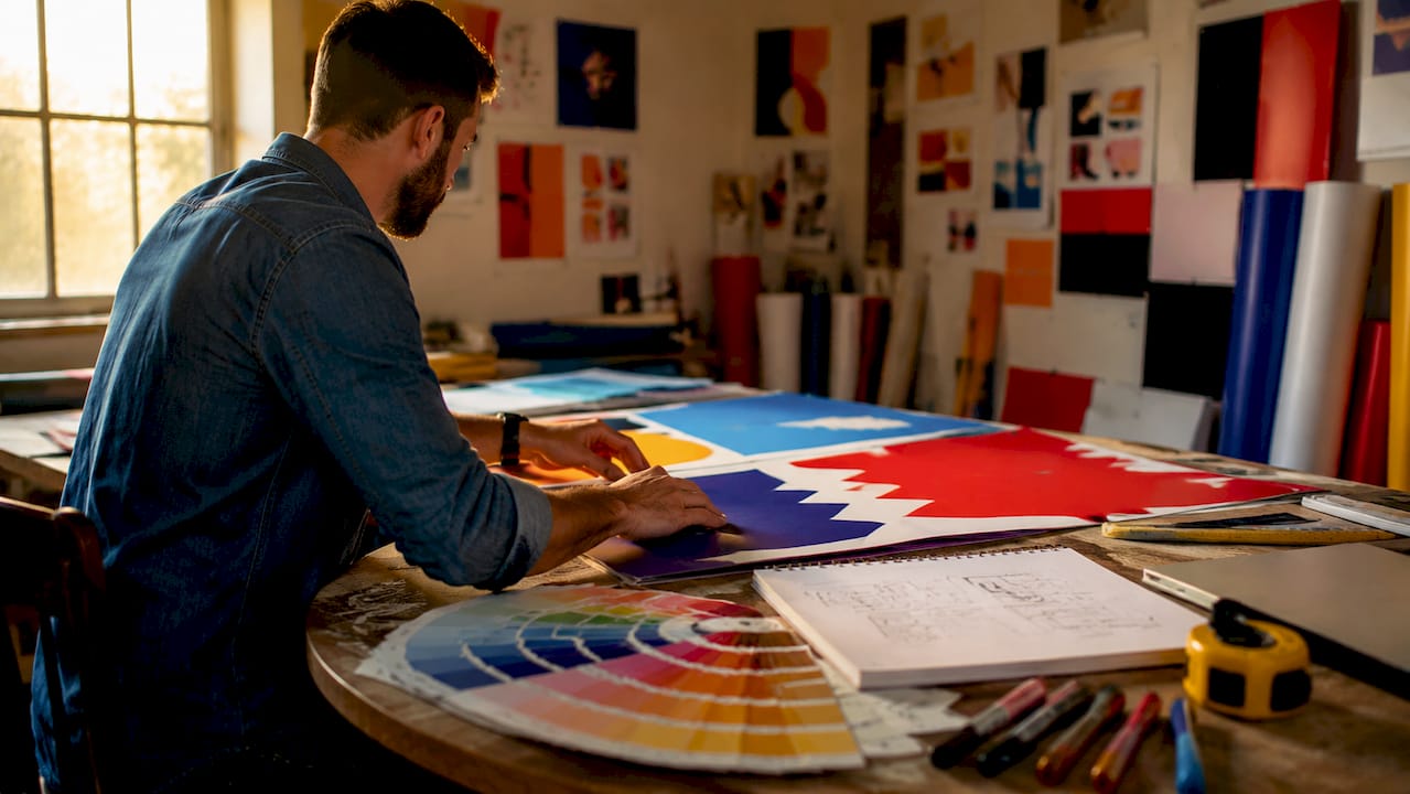 Designer arranging bold lawn sign prints on table