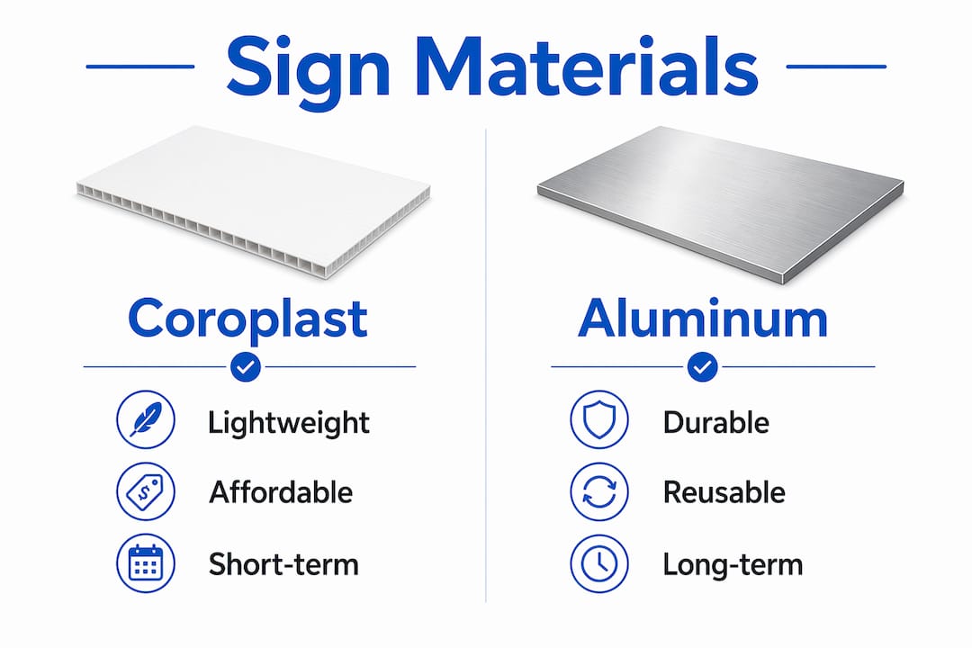 Infographic comparing coroplast and aluminum lawn sign materials