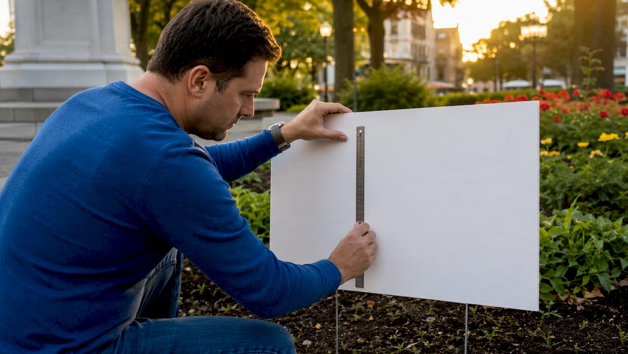 Hands measuring letter height on yard sign