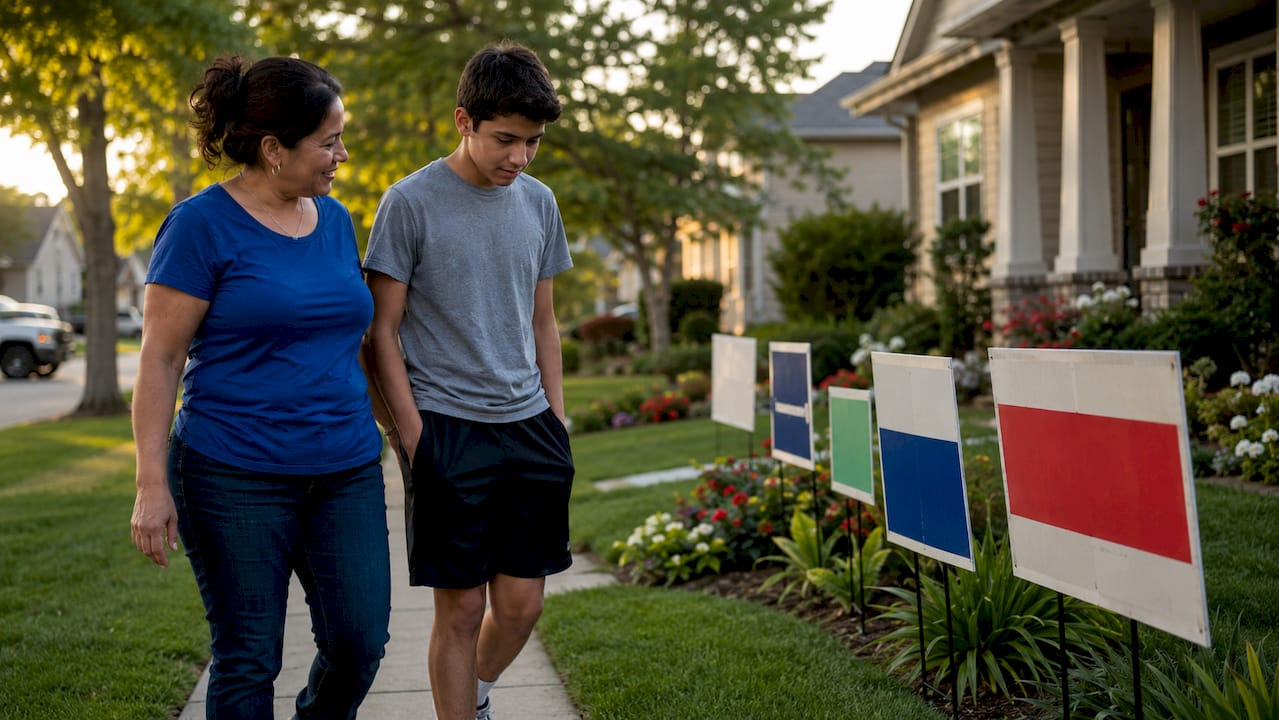 Neighborhood street with multiple lawn signs visible