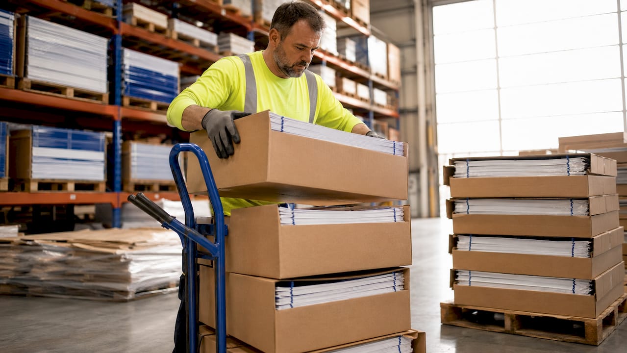 Worker handling bulk yard sign shipments in warehouse