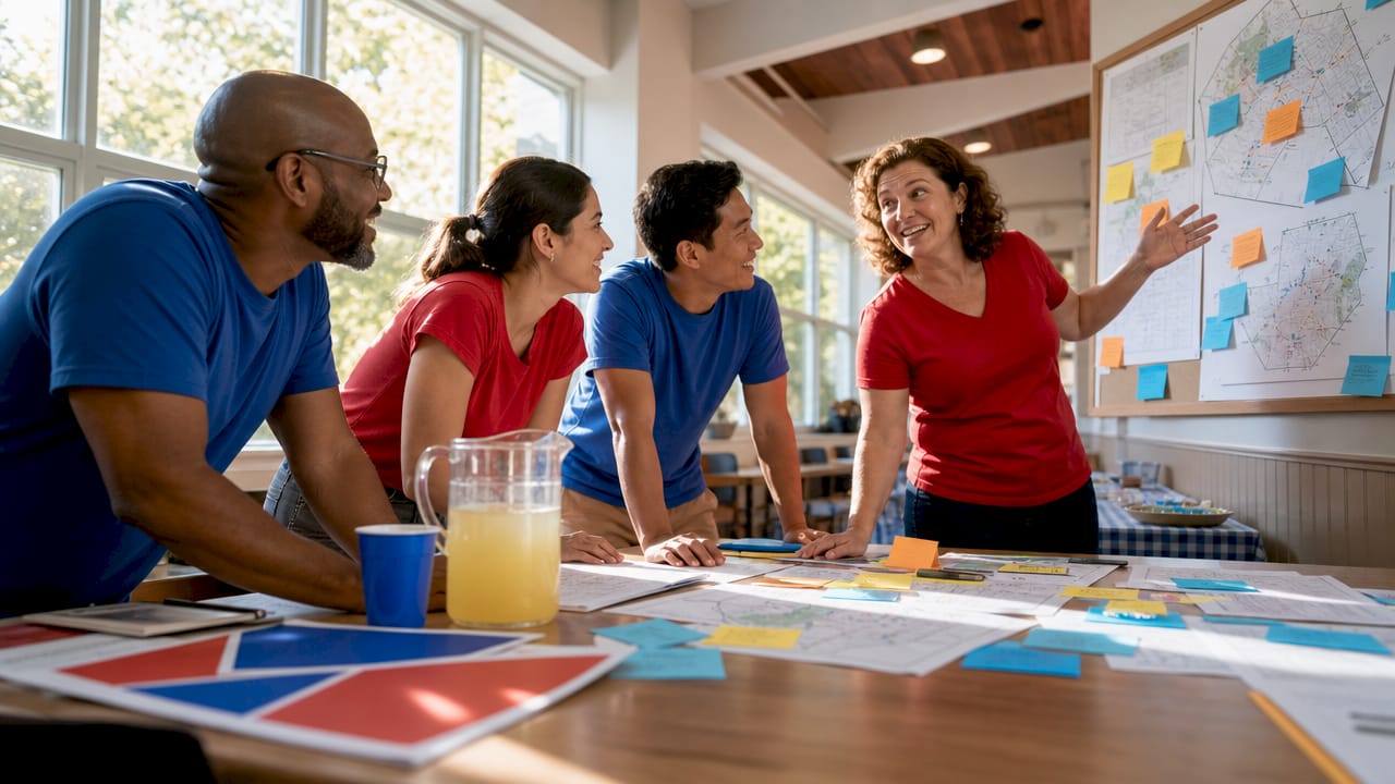 Volunteers planning yard sign placement indoors