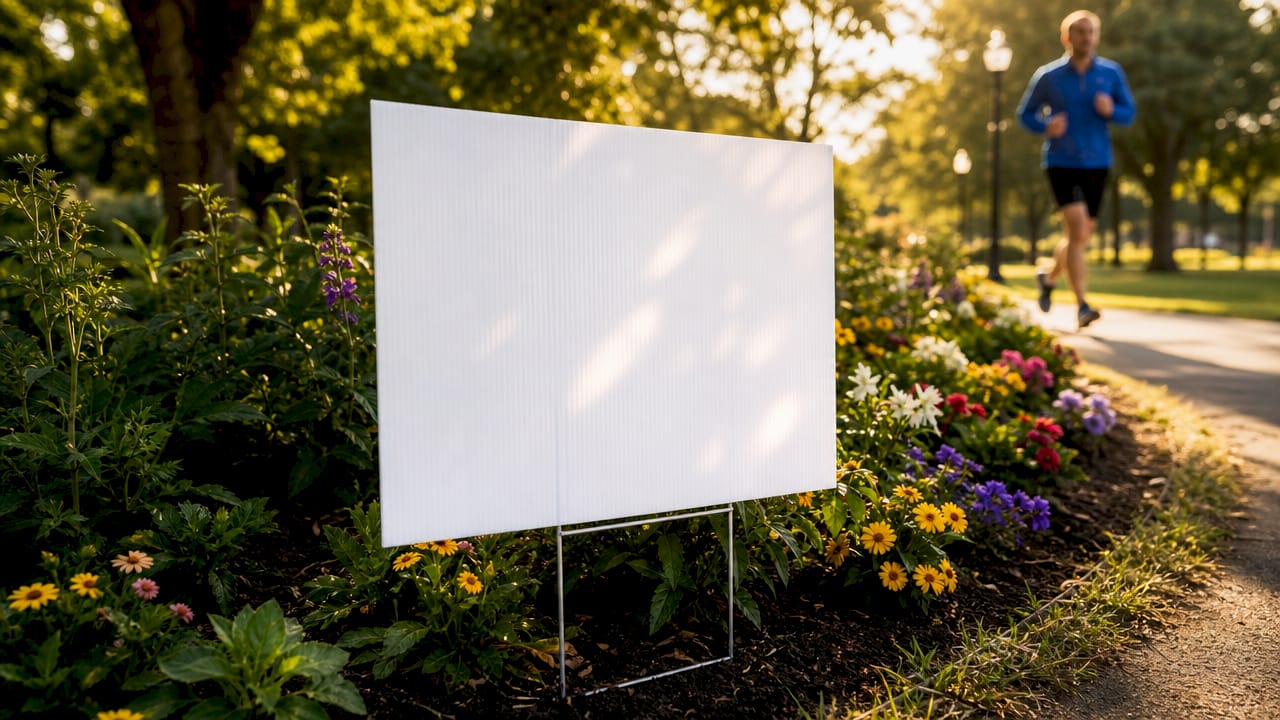 Close-up of durable corrugated plastic lawn sign outdoors