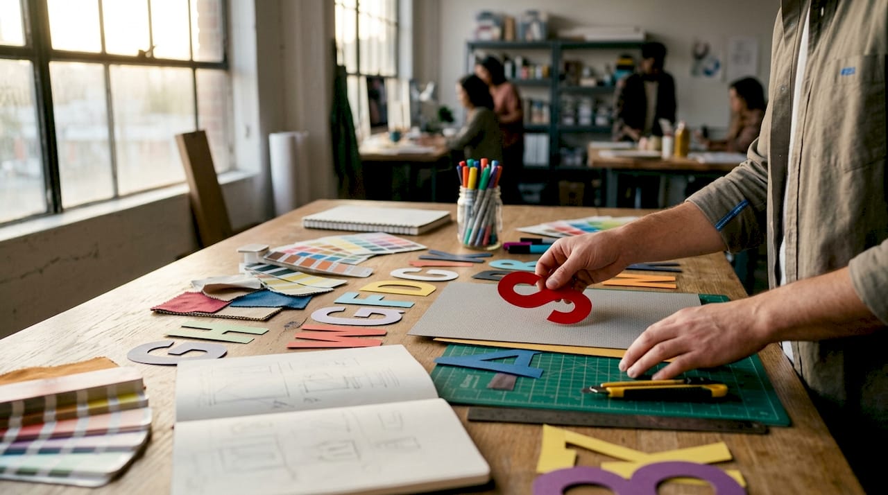 Hands arranging letters and colors for yard sign design