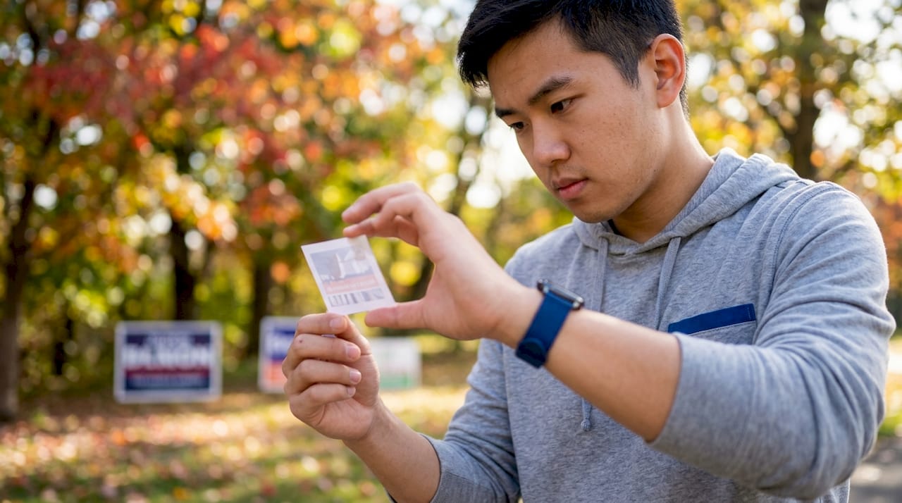 Man reading small printed yard sign design outdoors