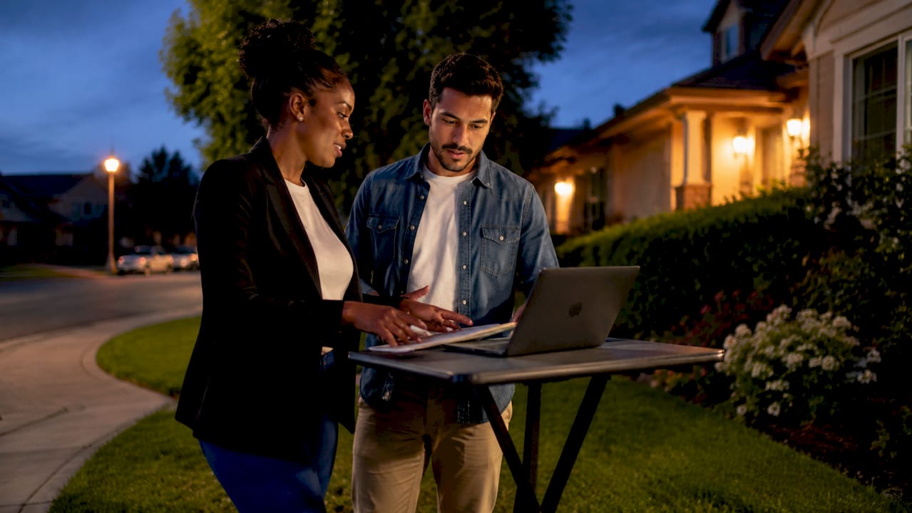 Two marketers discussing yard sign placement outdoors