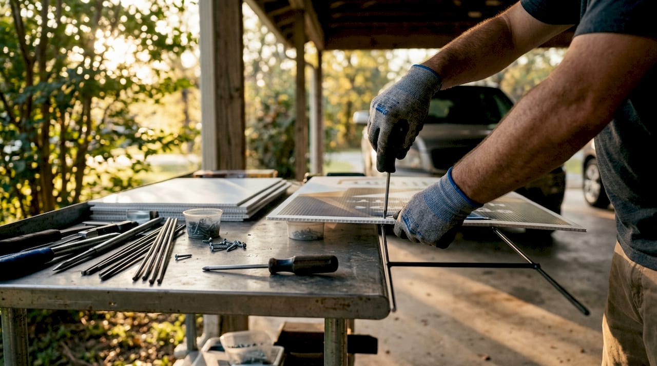 Hands assembling yard sign on workshop bench