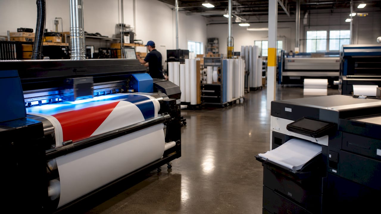 Close-up of inkjet and electrophotographic sign printers
