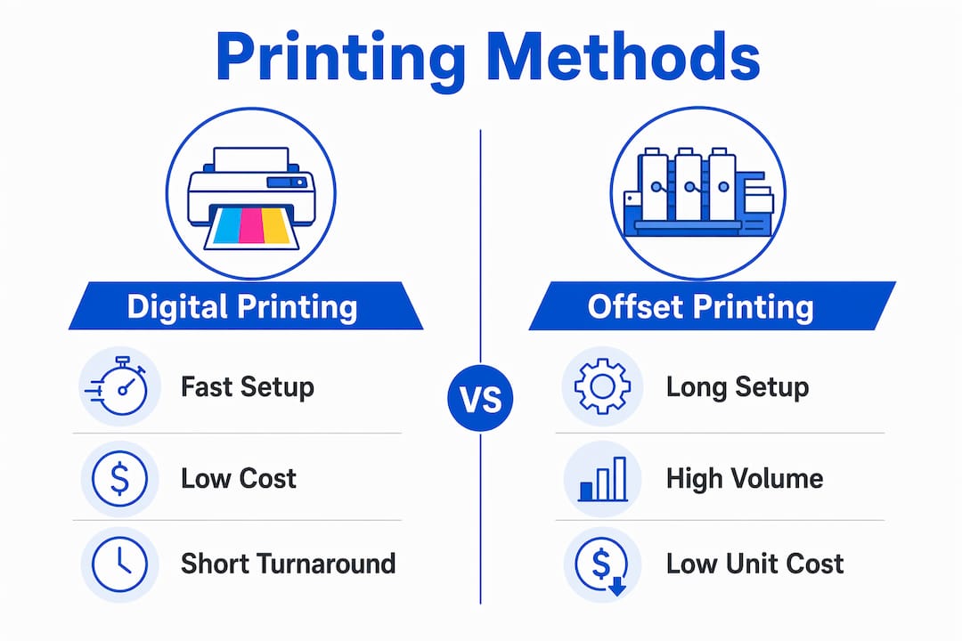 Infographic comparing digital and offset printing features