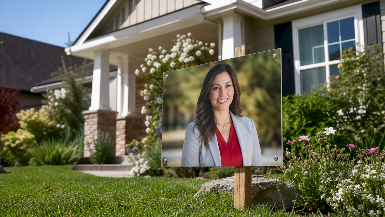 Close-up of realtor yard sign headshot