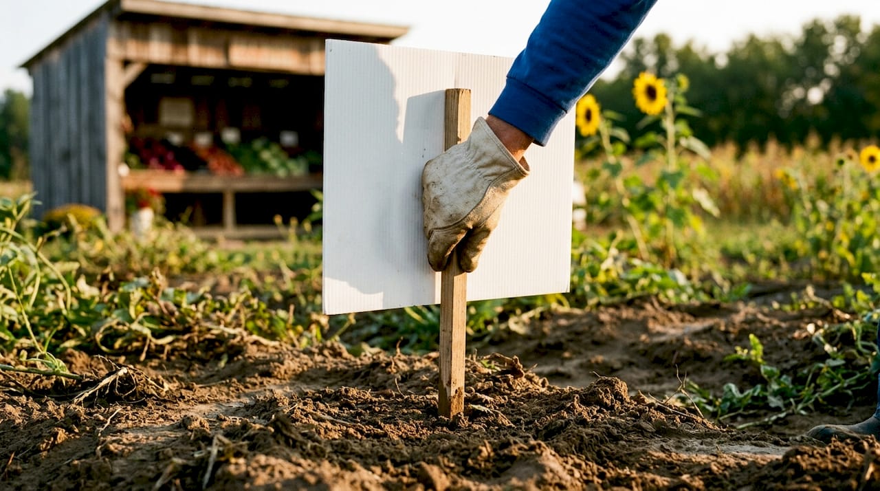 Close-up of hand planting farm yard sign stake outdoors