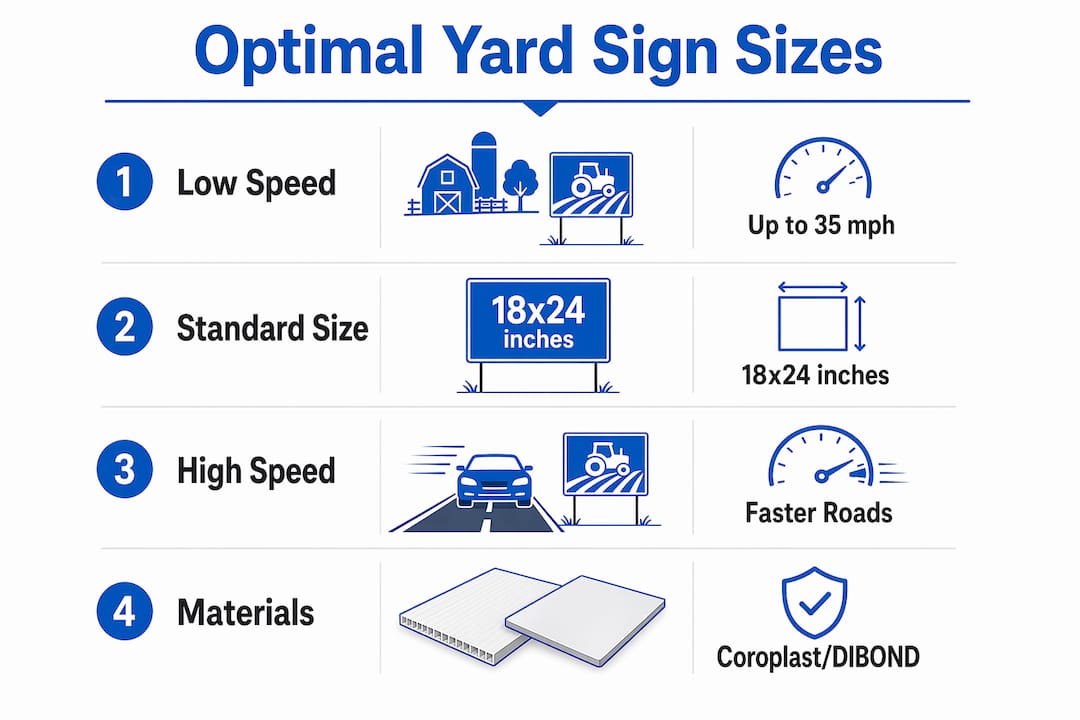 Infographic illustrating optimal yard sign sizes and materials