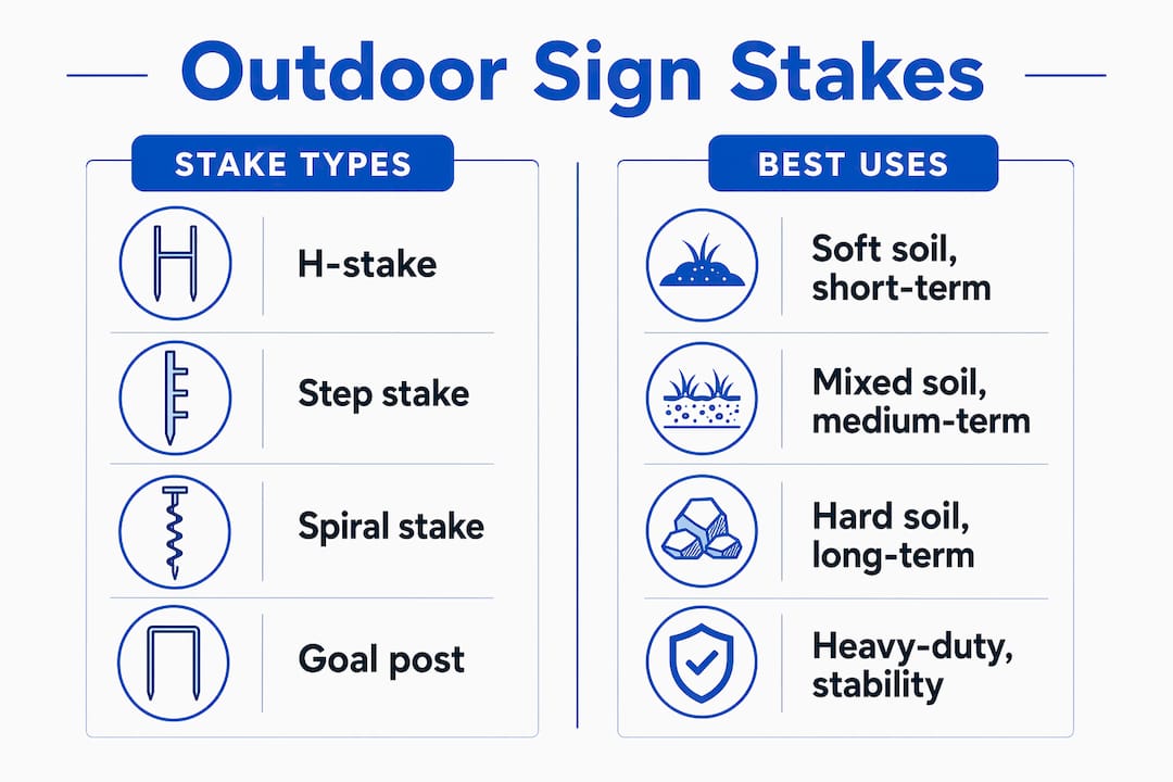 Infographic comparing outdoor sign stake types and uses