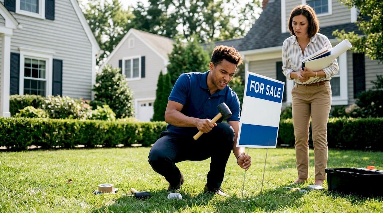 Agent installing yard sign in suburban front yard