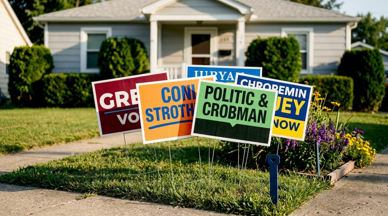 Cluster of lawn signs on suburban street