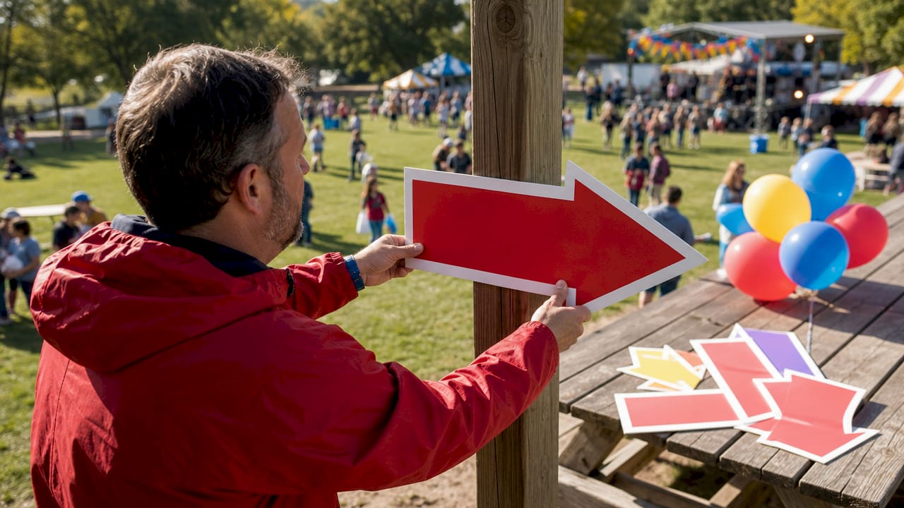 Close-up of hand attaching directional arrow sign