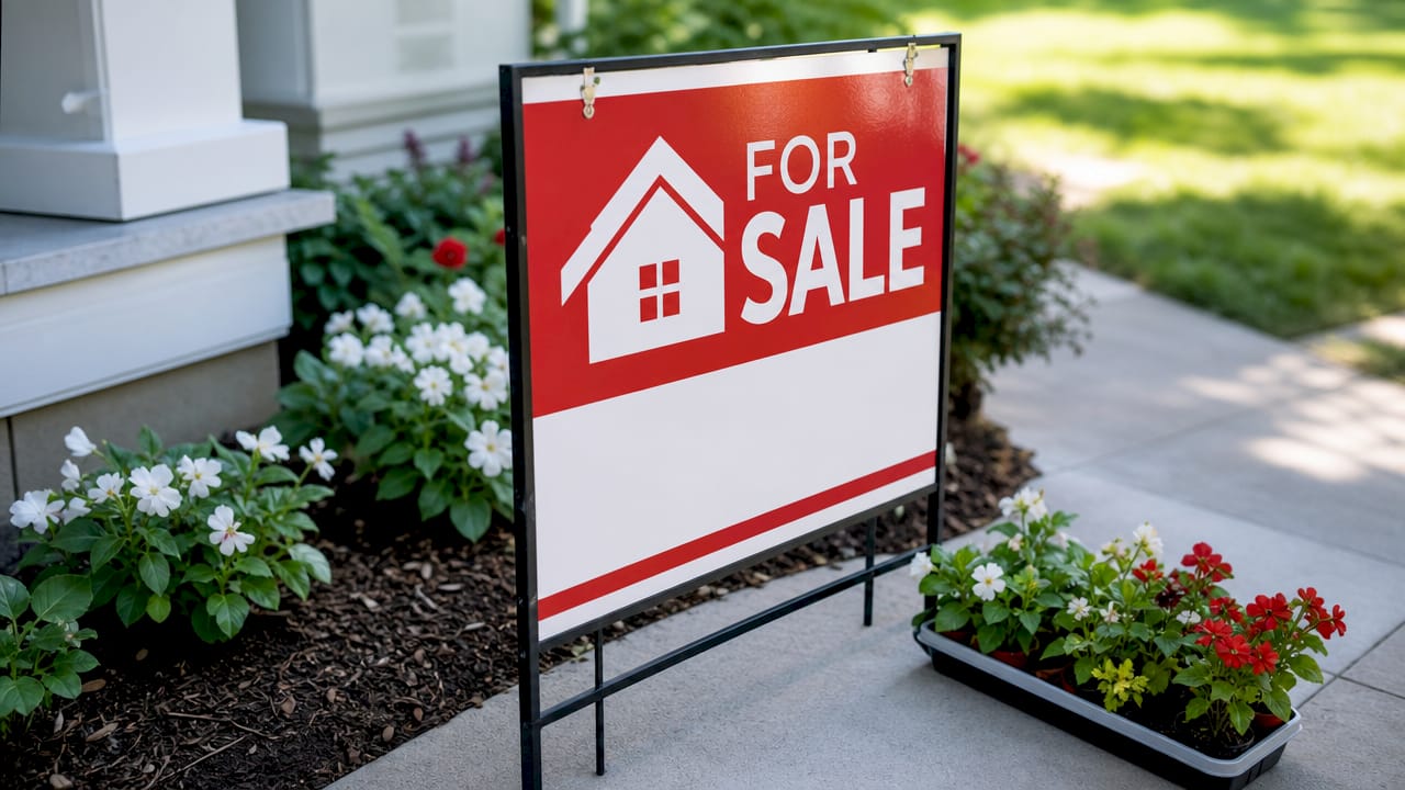 Close-up of blue and white real estate branding sign