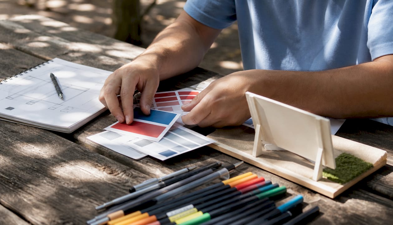 Graphic designer arranging sign design materials