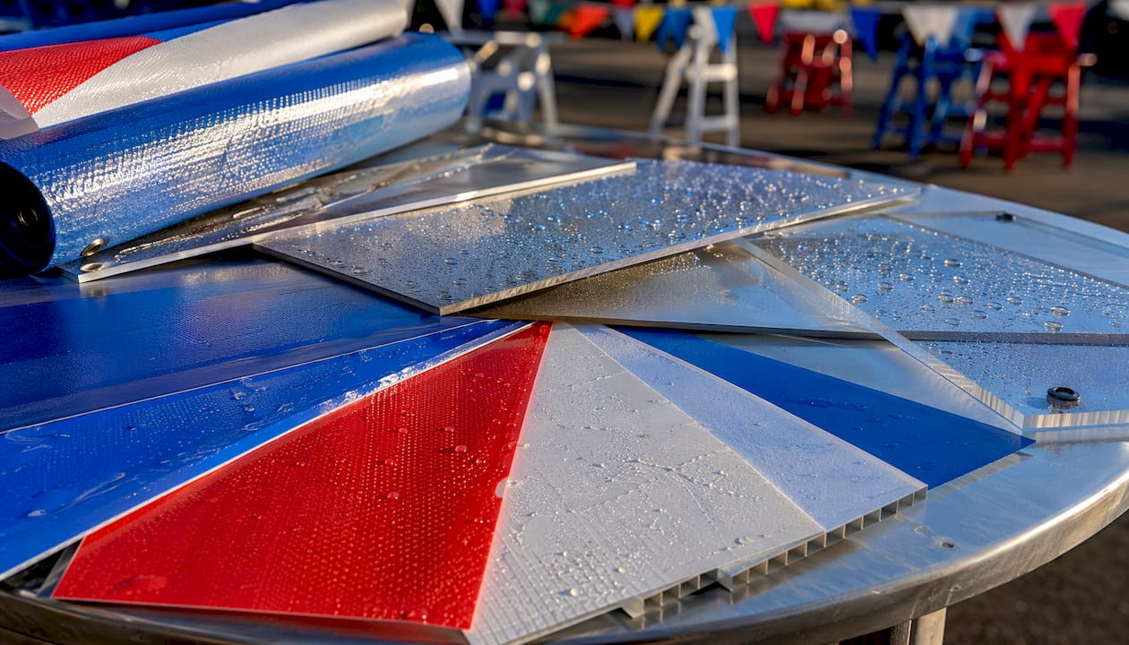 Close-up of rain-proof signage materials outdoors