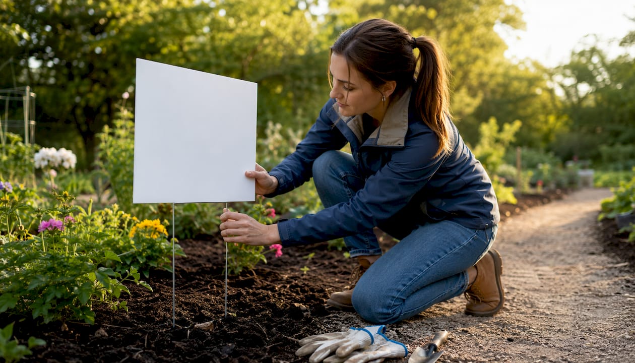 Woman adjusting yard sign angle outdoors