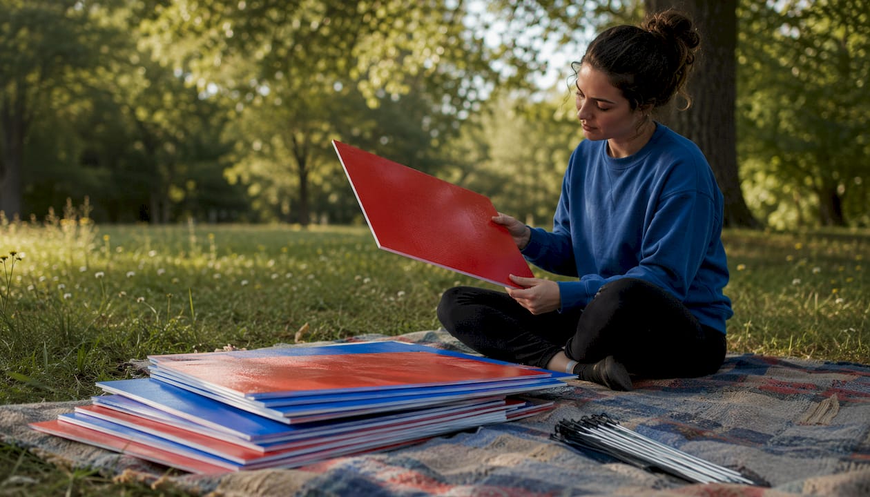 Hands checking weatherproof lawn signs and tools