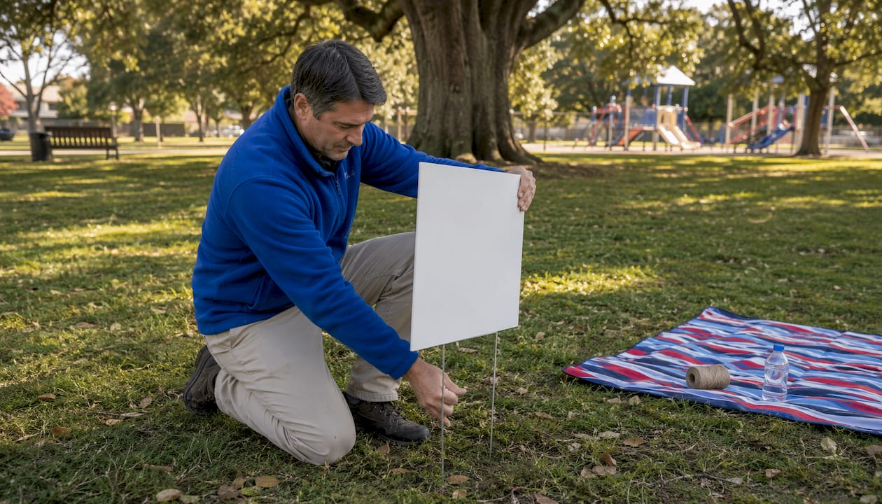Man planting lawn sign in suburban yard