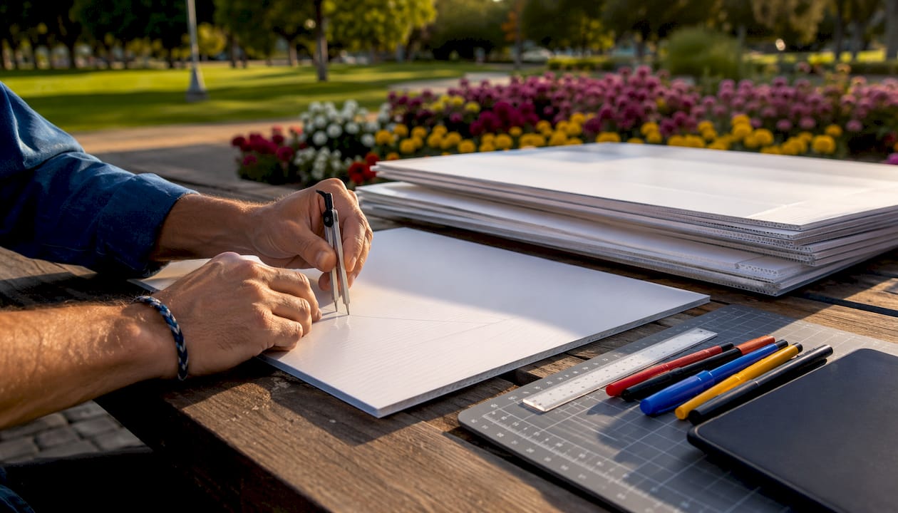 Hands adjusting yard sign design layout