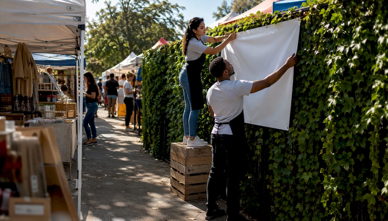 Retail staff placing vinyl banner outside store