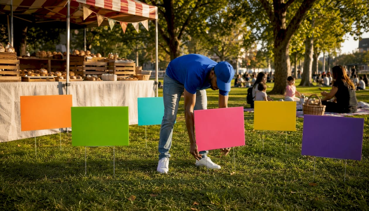 Baker arranging yard signs at farmers market
