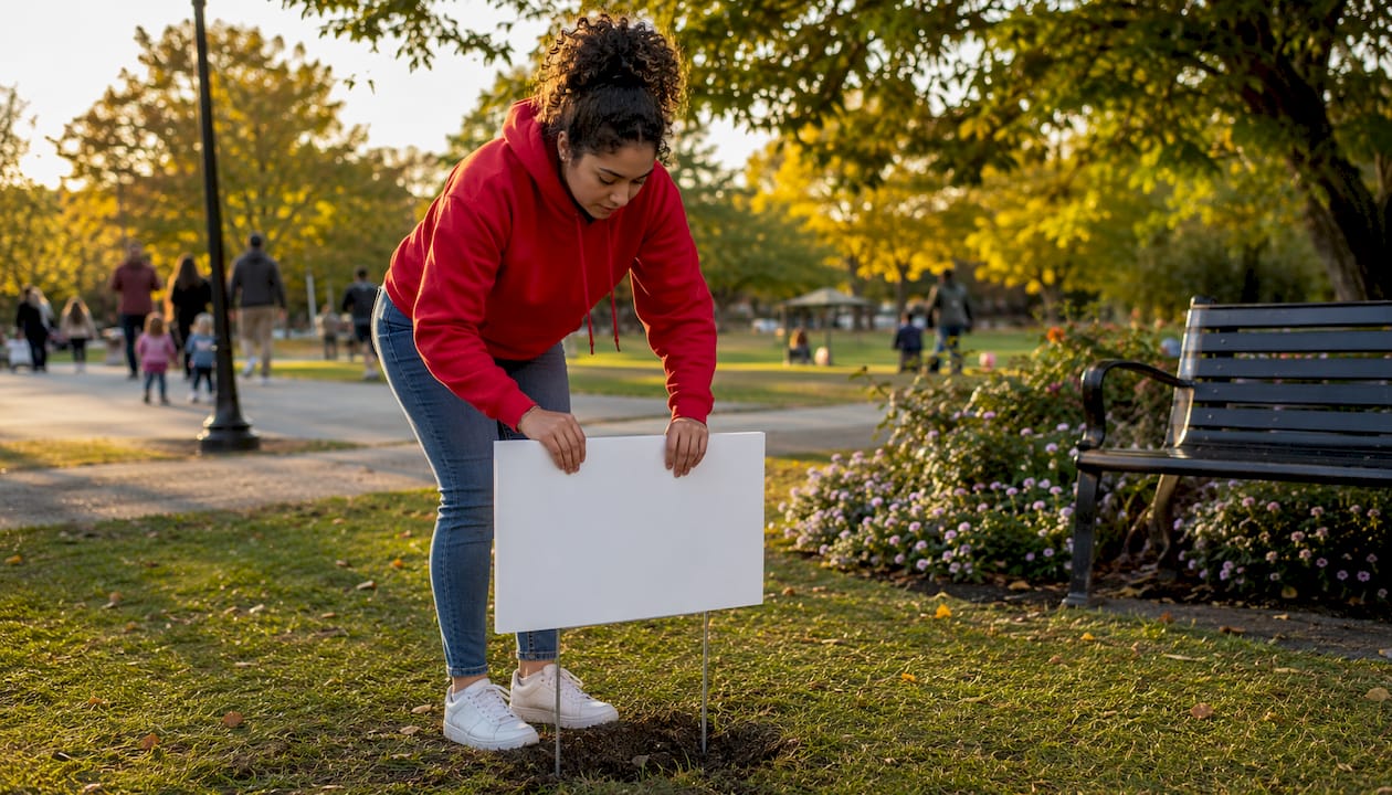 Close-up of volunteer installing yard sign near polling site