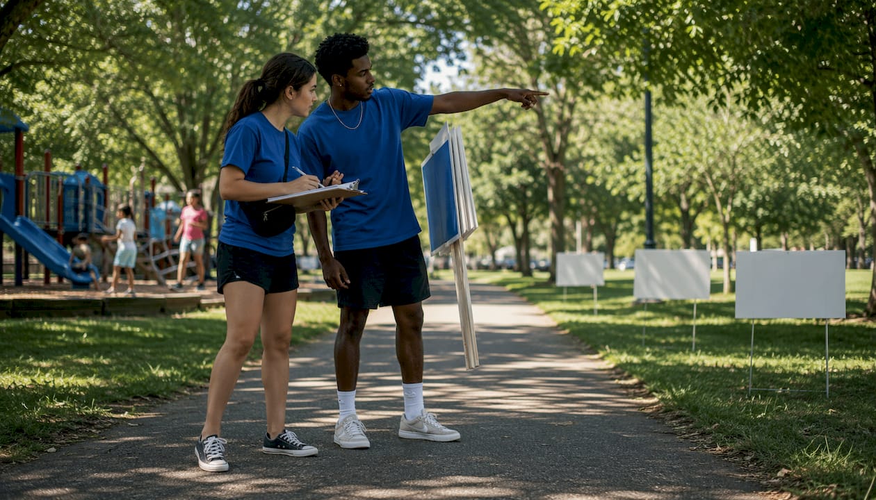 Volunteers discussing campaign route outdoors