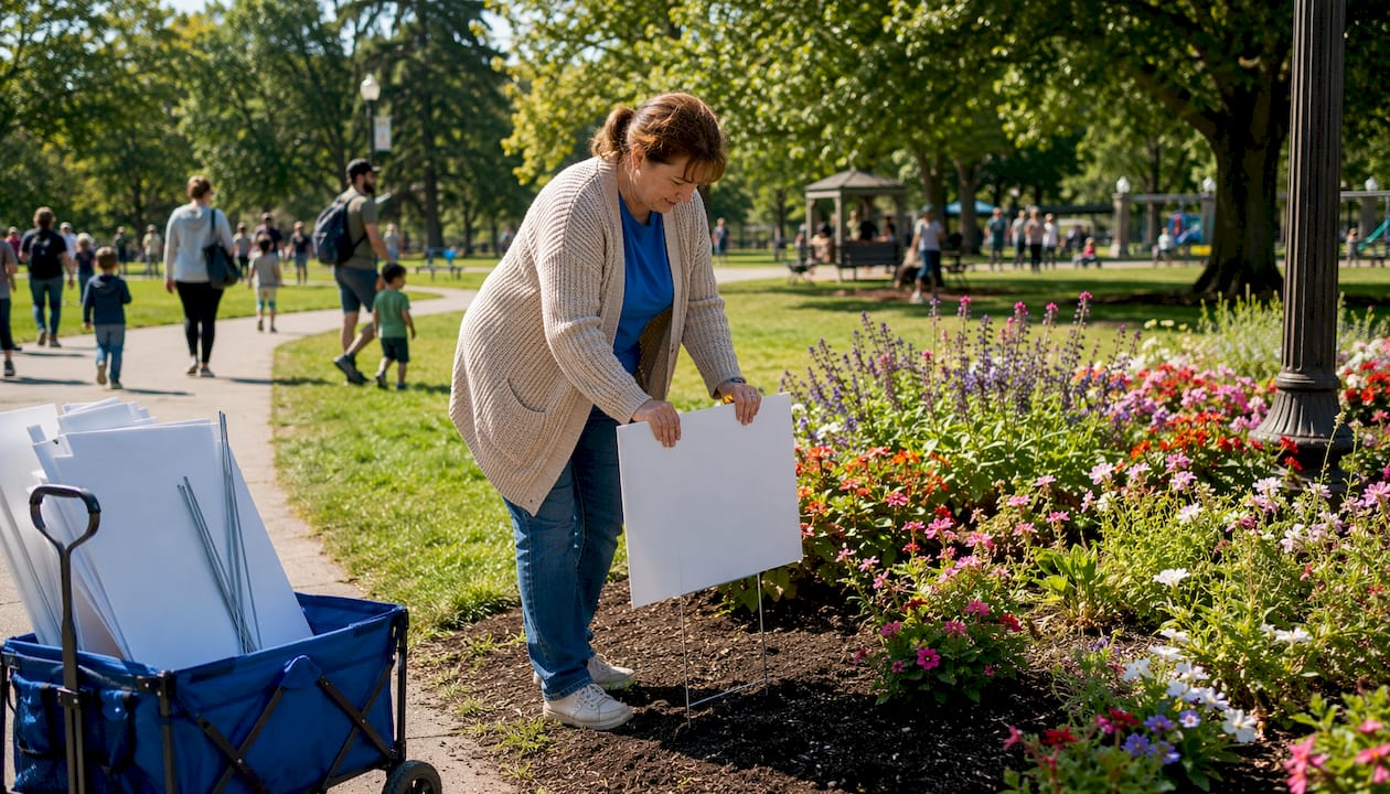 Volunteer placing yard sign in suburban front yard