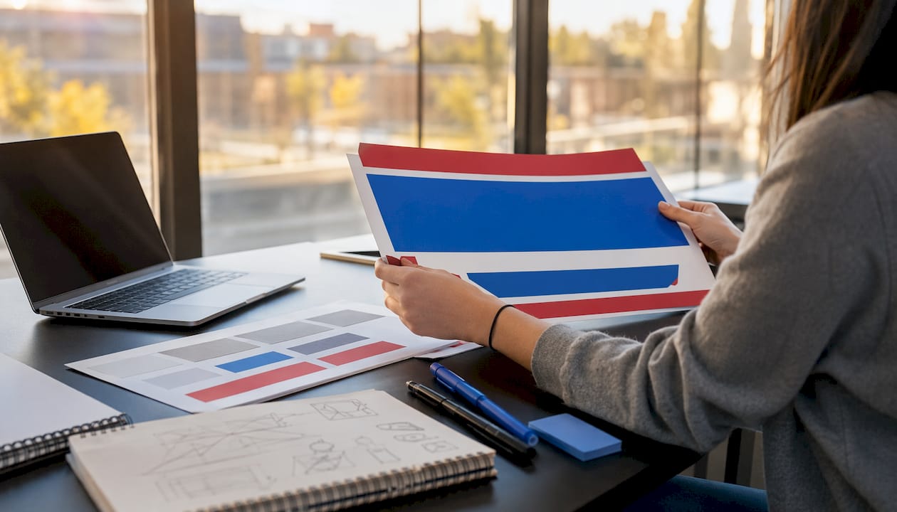 Designer adjusting yard sign mockup on desk