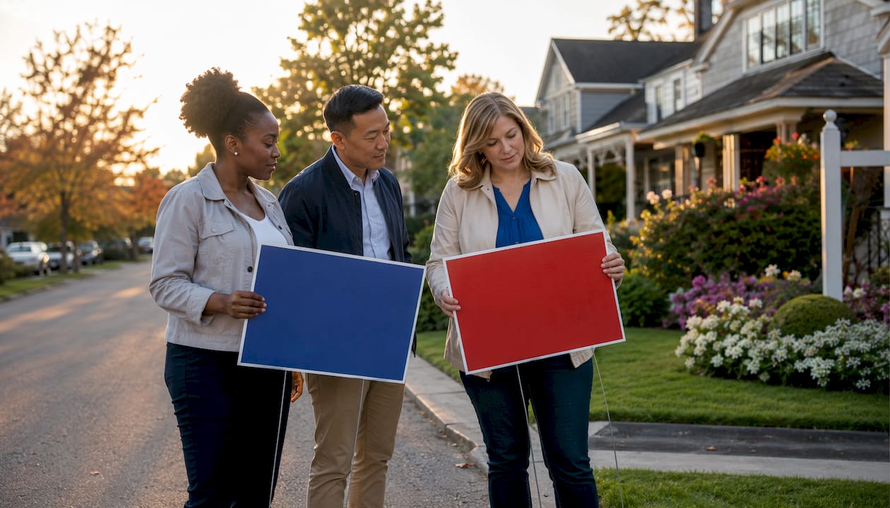 Group comparing yard sign color samples outdoors