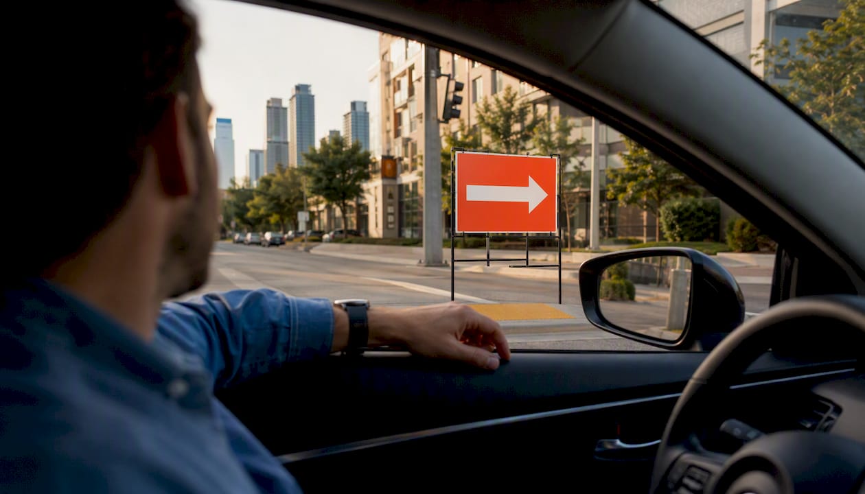 Driver's view of directional open house sign