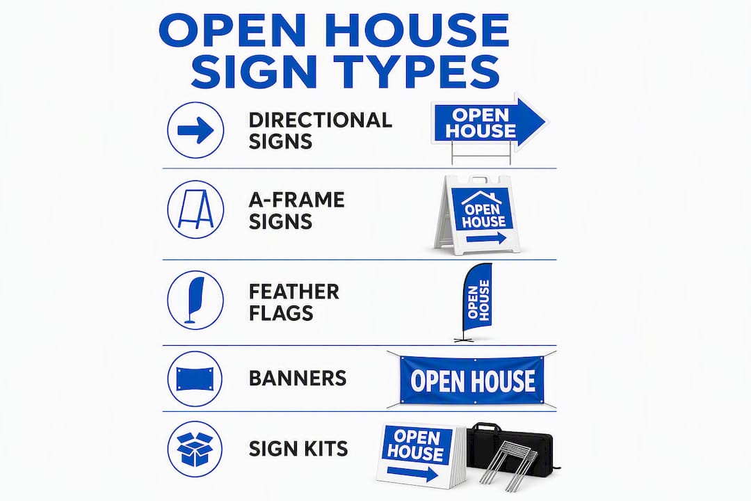 Infographic showing types of open house signs