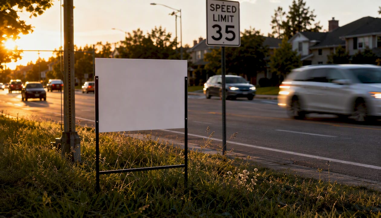 Real estate sign installed roadside with speed sign
