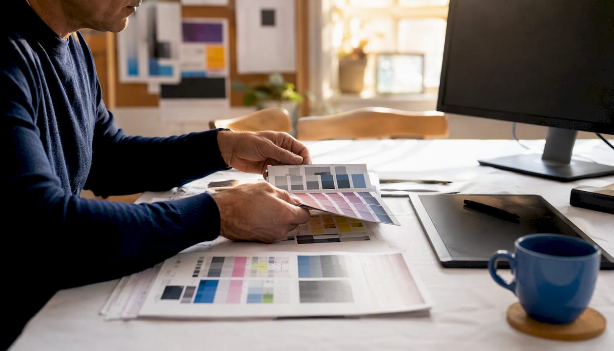 Graphic designer workspace with print specs