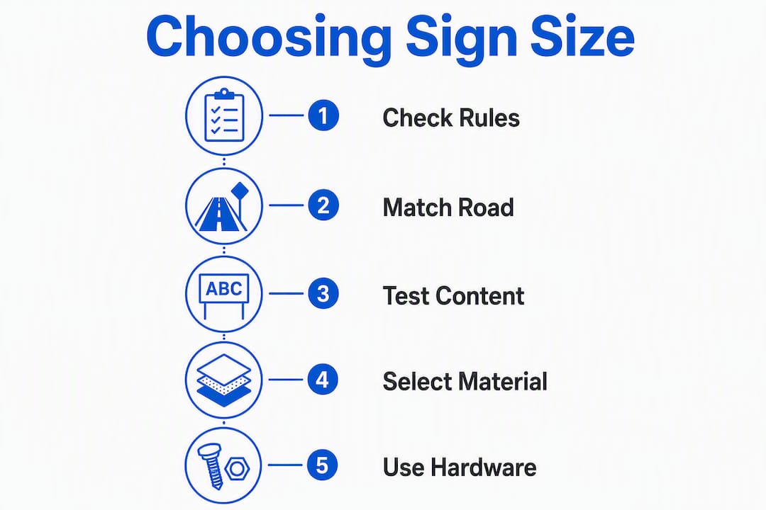 Infographic illustrating step-by-step sign size selection guide